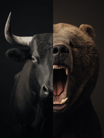 Symbolizing bull and bear financial market trends. Bull and bear representing opposing forces in the global financial market economyの写真素材