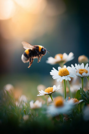 Honeybee approaching a white daisy flower, depicting pollination and a warm spring atmosphere. Bee flying towards daisy exploring spring natureの写真素材
