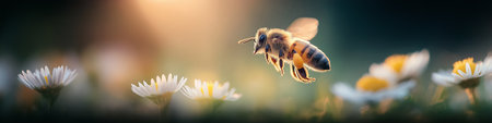 Honeybee approaching a white daisy flower, depicting pollination and a warm spring atmosphere. Bee flying towards daisy exploring spring natureの写真素材