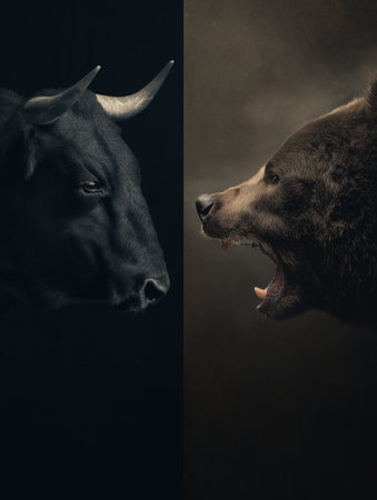 Symbolizing bull and bear financial market trends. Bull and bear representing opposing forces in the global financial market economyの写真素材