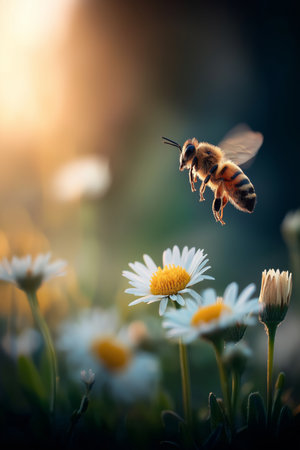 Honeybee approaching a white daisy flower, depicting pollination and a warm spring atmosphere. Bee flying towards daisy exploring spring natureの写真素材
