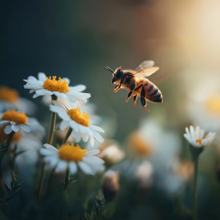 Honeybee approaching a white daisy flower, depicting pollination and a warm spring atmosphere. Bee flying towards daisy exploring spring natureの写真素材