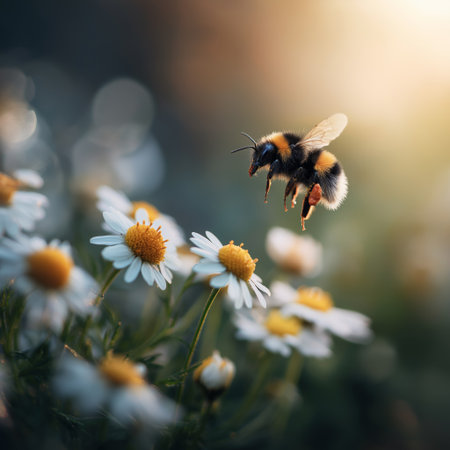 Honeybee approaching a white daisy flower, depicting pollination and a warm spring atmosphere. Bee flying towards daisy exploring spring natureの写真素材