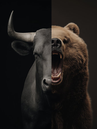 Symbolizing bull and bear financial market trends. Bull and bear representing opposing forces in the global financial market economyの写真素材