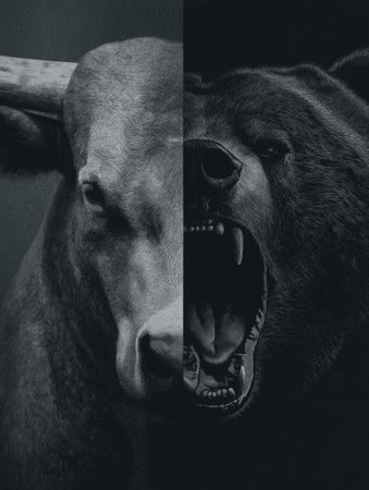 Symbolizing bull and bear financial market trends. Bull and bear representing opposing forces in the global financial market economyの写真素材