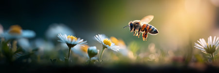 Honeybee approaching a white daisy flower, depicting pollination and a warm spring atmosphere. Bee flying towards daisy exploring spring natureの写真素材