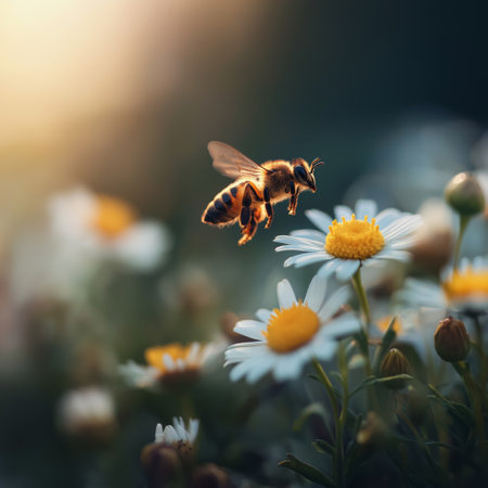 Honeybee approaching a white daisy flower, depicting pollination and a warm spring atmosphere. Bee flying towards daisy exploring spring natureの写真素材
