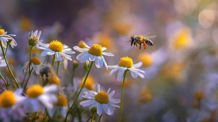 Honeybee approaching a white daisy flower, depicting pollination and a warm spring atmosphere. Bee flying towards daisy exploring spring natureの写真素材