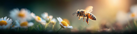 Honeybee approaching a white daisy flower, depicting pollination and a warm spring atmosphere. Bee flying towards daisy exploring spring natureの写真素材