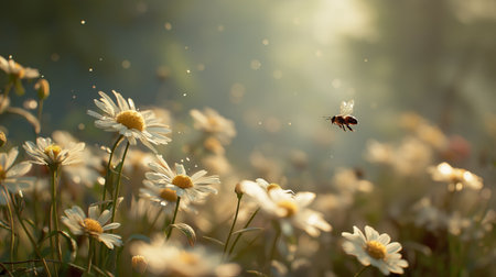 Honeybee approaching a white daisy flower, depicting pollination and a warm spring atmosphere. Bee flying towards daisy exploring spring natureの写真素材