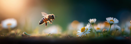 Honeybee approaching a white daisy flower, depicting pollination and a warm spring atmosphere. Bee flying towards daisy exploring spring natureの写真素材