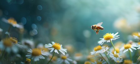 Honeybee approaching a white daisy flower, depicting pollination and a warm spring atmosphere. Bee flying towards daisy exploring spring natureの写真素材