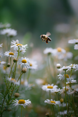 Honeybee approaching a white daisy flower, depicting pollination and a warm spring atmosphere. Bee flying towards daisy exploring spring natureの写真素材