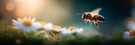 Honeybee approaching a white daisy flower, depicting pollination and a warm spring atmosphere. Bee flying towards daisy exploring spring natureの写真素材