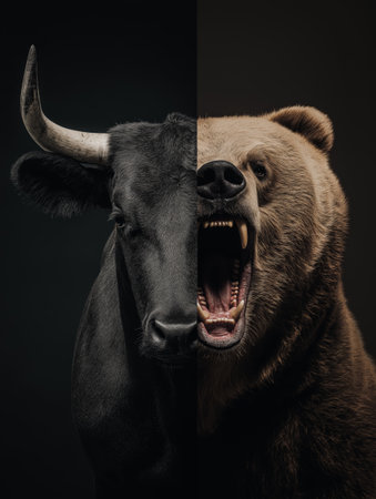 Symbolizing bull and bear financial market trends. Bull and bear representing opposing forces in the global financial market economyの写真素材