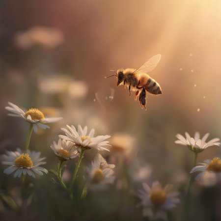 Honeybee approaching a white daisy flower, depicting pollination and a warm spring atmosphere. Bee flying towards daisy exploring spring natureの写真素材