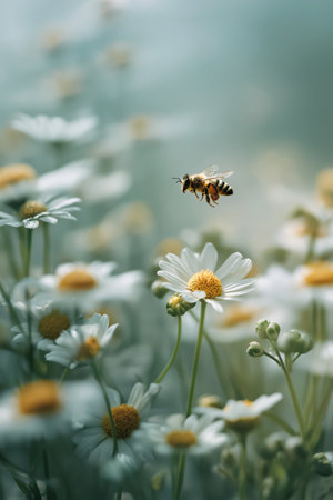 Honeybee approaching a white daisy flower, depicting pollination and a warm spring atmosphere. Bee flying towards daisy exploring spring natureの写真素材