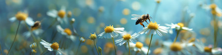 Honeybee approaching a white daisy flower, depicting pollination and a warm spring atmosphere. Bee flying towards daisy exploring spring natureの写真素材
