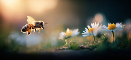 Honeybee approaching a white daisy flower, depicting pollination and a warm spring atmosphere. Bee flying towards daisy exploring spring natureの写真素材