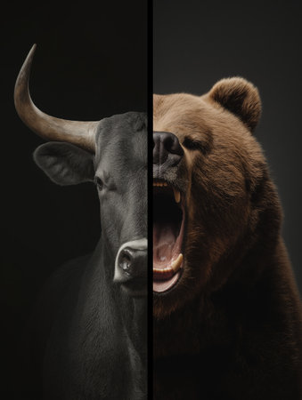 Symbolizing bull and bear financial market trends. Bull and bear representing opposing forces in the global financial market economyの写真素材
