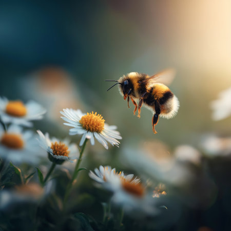 Honeybee approaching a white daisy flower, depicting pollination and a warm spring atmosphere. Bee flying towards daisy exploring spring natureの写真素材