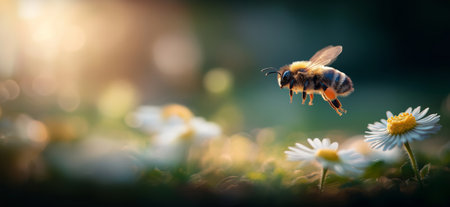 Honeybee approaching a white daisy flower, depicting pollination and a warm spring atmosphere. Bee flying towards daisy exploring spring natureの写真素材