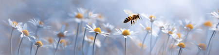 Honeybee approaching a white daisy flower, depicting pollination and a warm spring atmosphere. Bee flying towards daisy exploring spring natureの写真素材