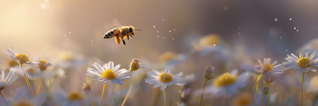 Honeybee approaching a white daisy flower, depicting pollination and a warm spring atmosphere. Bee flying towards daisy exploring spring natureの写真素材
