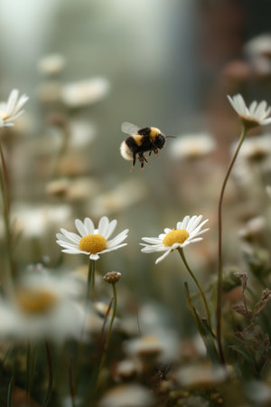 Honeybee approaching a white daisy flower, depicting pollination and a warm spring atmosphere. Bee flying towards daisy exploring spring natureの写真素材