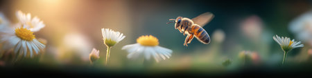 Honeybee approaching a white daisy flower, depicting pollination and a warm spring atmosphere. Bee flying towards daisy exploring spring natureの写真素材