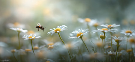 Honeybee approaching a white daisy flower, depicting pollination and a warm spring atmosphere. Bee flying towards daisy exploring spring natureの写真素材