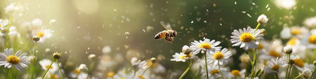 Honeybee approaching a white daisy flower, depicting pollination and a warm spring atmosphere. Bee flying towards daisy exploring spring natureの写真素材
