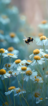 Honeybee approaching a white daisy flower, depicting pollination and a warm spring atmosphere. Bee flying towards daisy exploring spring natureの写真素材