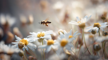 Honeybee approaching a white daisy flower, depicting pollination and a warm spring atmosphere. Bee flying towards daisy exploring spring natureの写真素材