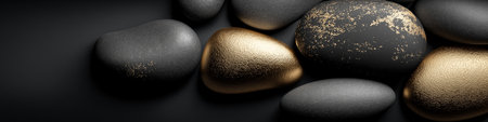 Polished and rough black stones with gold accents lie on a dark surface with copy space. Black and gold textured stones creating an elegant backgroundの写真素材