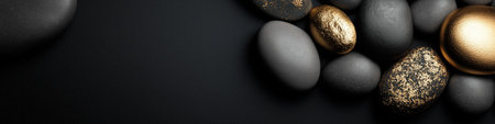 Polished and rough black stones with gold accents lie on a dark surface with copy space. Black and gold textured stones creating an elegant backgroundの写真素材