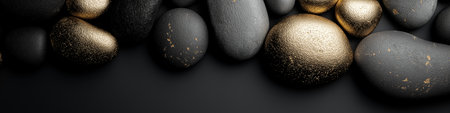 Polished and rough black stones with gold accents lie on a dark surface with copy space. Black and gold textured stones creating an elegant backgroundの写真素材