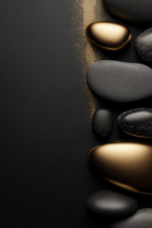 Polished and rough black stones with gold accents lie on a dark surface with copy space. Black and gold textured stones creating an elegant backgroundの写真素材