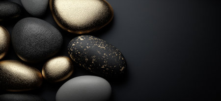 Polished and rough black stones with gold accents lie on a dark surface with copy space. Black and gold textured stones creating an elegant backgroundの写真素材
