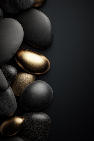 Polished and rough black stones with gold accents lie on a dark surface with copy space. Black and gold textured stones creating an elegant backgroundの写真素材