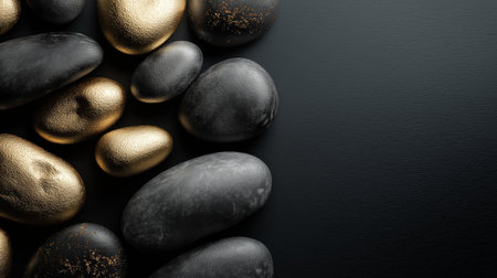 Polished and rough black stones with gold accents lie on a dark surface with copy space. Black and gold textured stones creating an elegant backgroundの写真素材