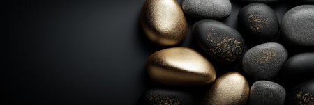Polished and rough black stones with gold accents lie on a dark surface with copy space. Black and gold textured stones creating an elegant backgroundの写真素材