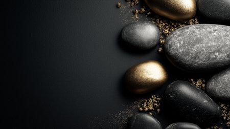 Polished and rough black stones with gold accents lie on a dark surface with copy space. Black and gold textured stones creating an elegant backgroundの写真素材