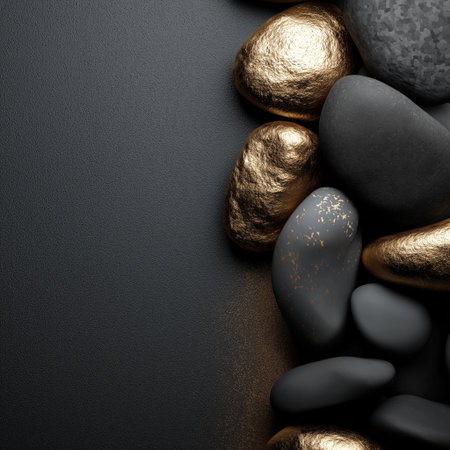 Polished and rough black stones with gold accents lie on a dark surface with copy space. Black and gold textured stones creating an elegant backgroundの写真素材