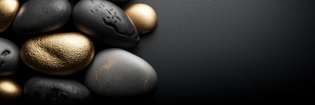 Polished and rough black stones with gold accents lie on a dark surface with copy space. Black and gold textured stones creating an elegant backgroundの写真素材