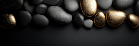 Polished and rough black stones with gold accents lie on a dark surface with copy space. Black and gold textured stones creating an elegant backgroundの写真素材