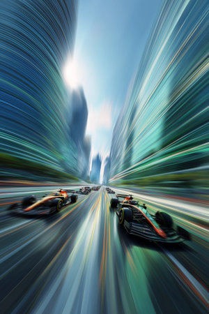 Racing cars generating speed blur through a modern urban cityscape, showing dynamic action. Formula racing cars speeding through futuristic cityの写真素材