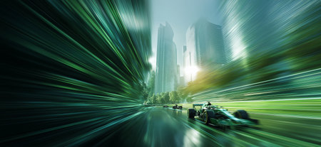 Racing cars generating speed blur through a modern urban cityscape, showing dynamic action. Formula racing cars speeding through futuristic cityの写真素材