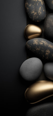Polished and rough black stones with gold accents lie on a dark surface with copy space. Black and gold textured stones creating an elegant backgroundの写真素材