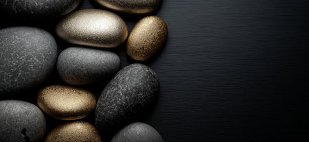 Polished and rough black stones with gold accents lie on a dark surface with copy space. Black and gold textured stones creating an elegant backgroundの写真素材
